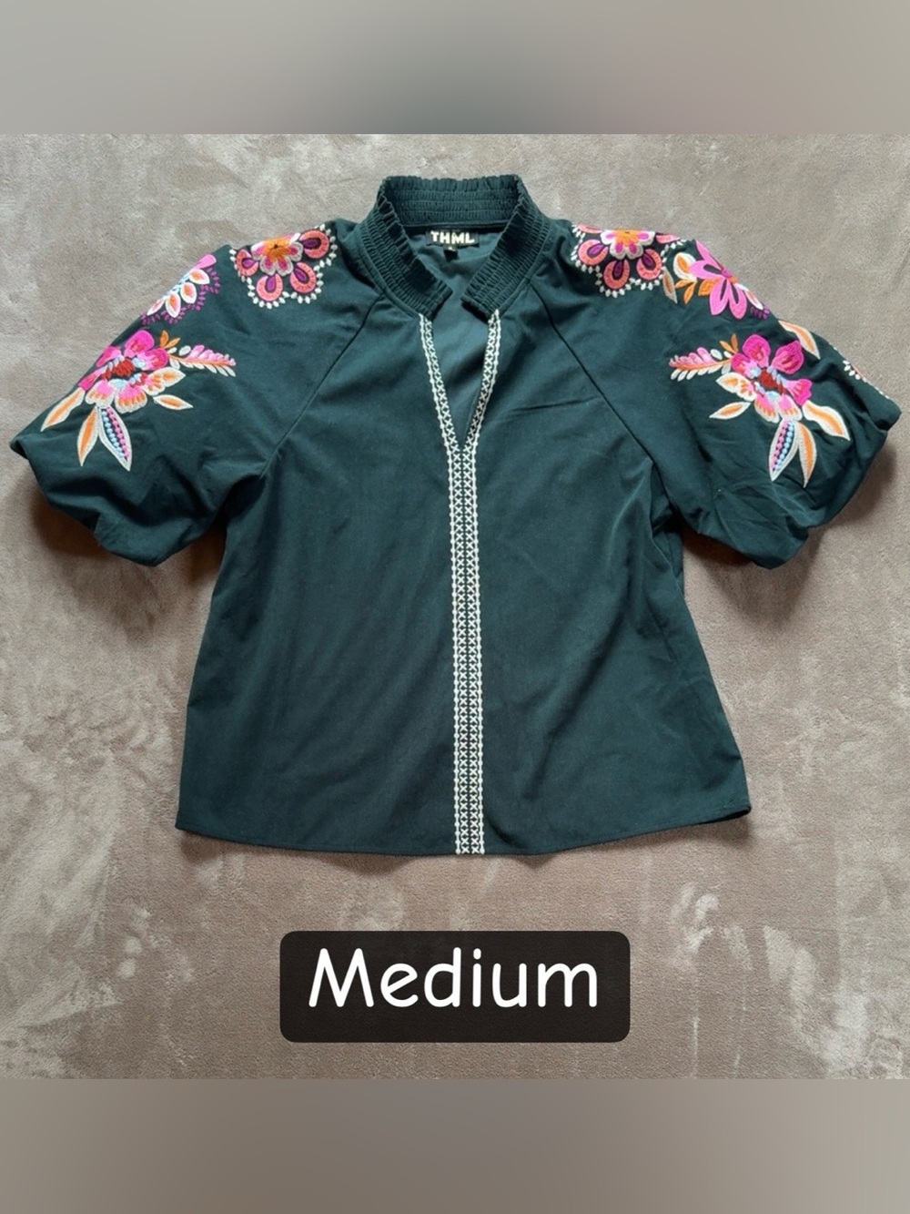 THML Green Blouse with Pink & Orange Floral Embroidery